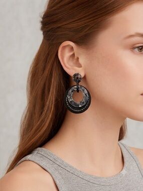 Black Leather & Marbled Acrylic Dangle Earrings Layered Hoop Design